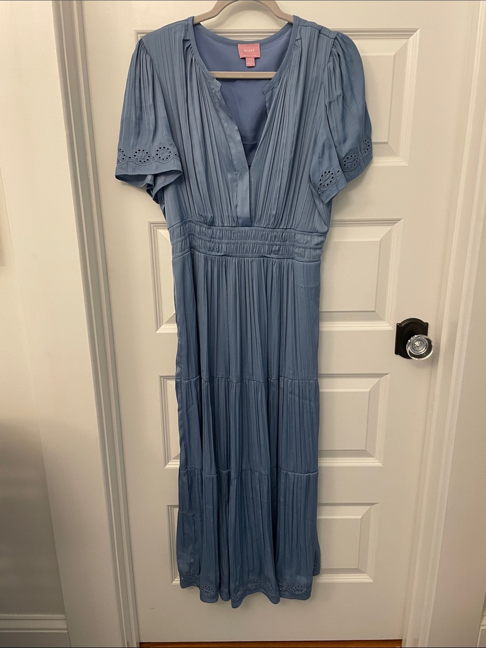 Muse Dusty Blue Tiered V-Neck Midi Dress